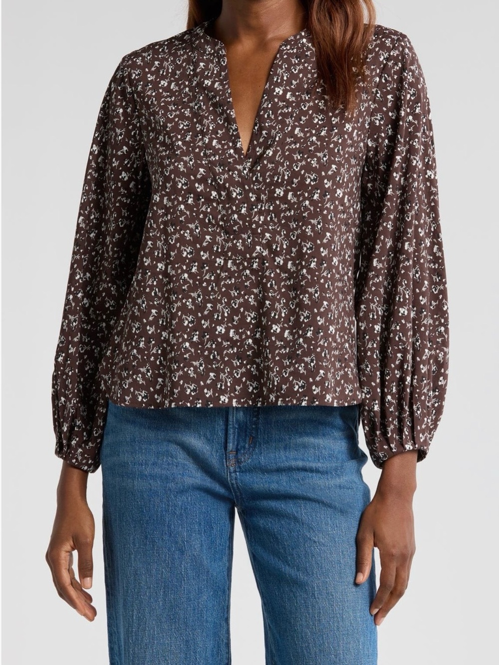 Madewell Brown & White Floral Notch-Neck Puff Sleeve Blouse
